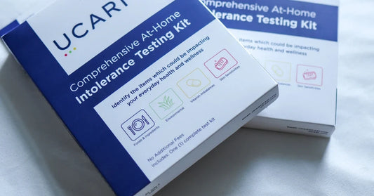 UCARI Comprehensive At-Home Intolerance Testing Kit box highlighting testing for food ingredients, environmental factors, vitamin imbalances, and skin sensitivities.