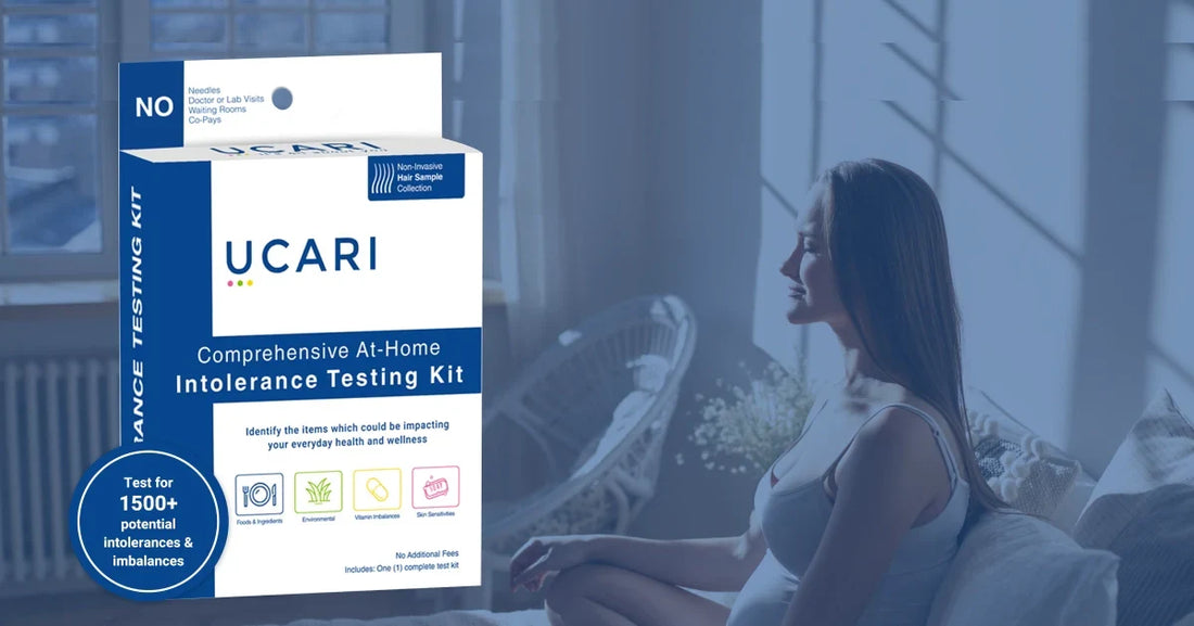 A woman relaxing on a couch on the right side of screen and in the left has UCARI Food Intolerance test kit resembling Food Sensitivity Vs Food Intolerance